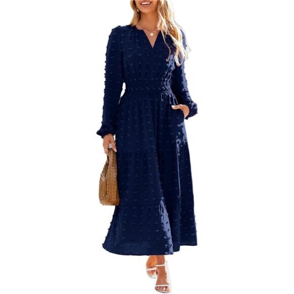 Womens Long Sleeve Dot Maxi Dress with Pockets Navy Blue - Picture 1 of 6